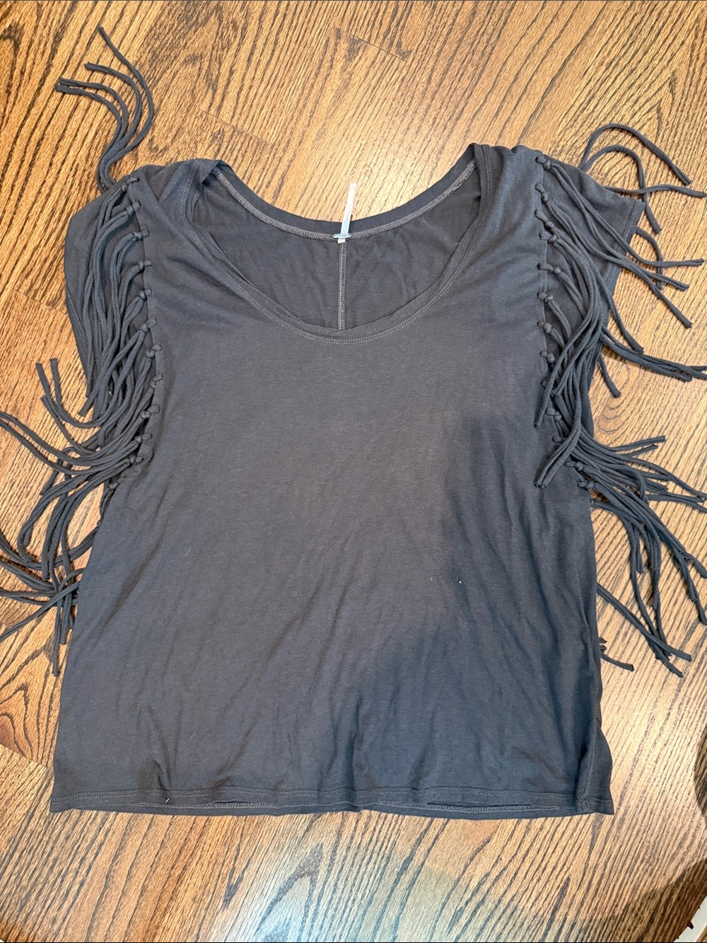 Free People Black Fringe Sleeve Scoop Neck Tee